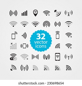 Vector Set Of Black Wifi, Radio Waves And Wireless Technology Web Icons For Communication And Remote Access