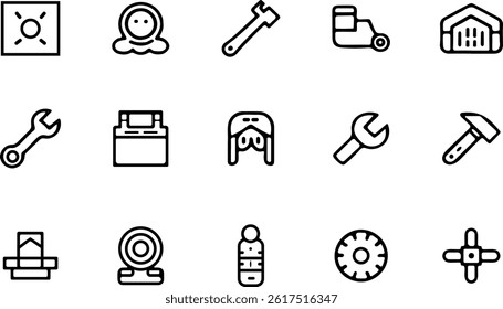 A vector set of black Workshop icons illustrates Tool box, hammer, symbols and more