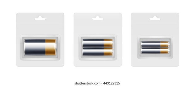 Vector Set of Black Yellow Golden Glossy Alkaline AA, AAA, C Batteries in Transparent Blister Packed for branding Close up Isolated on White Background