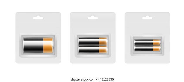 Vector Set of Black Yellow Golden Glossy Alkaline AA, AAA, C Batteries in Transparent Blister Packed for branding Close up Isolated on White Background