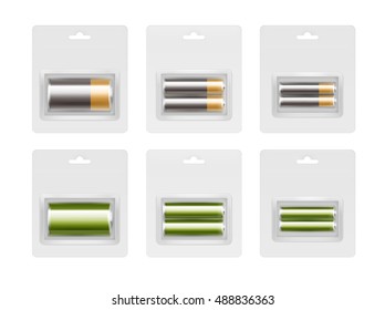 Vector Set of Black Yellow Golden Green Glossy Alkaline AA, AAA, C Batteries in Transparent Blister Packed for branding Close up Isolated on White Background