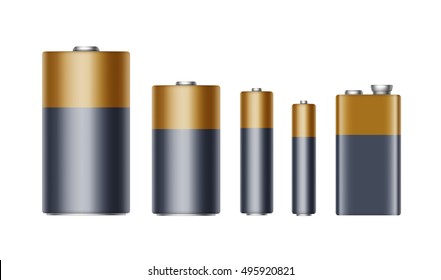 Vektorgrafik-Set von schwarz gelben goldglänzenden Alkali-Batterien verschiedener Größe AAA, AA, C, D, PP3 und 9 Volt Batterie für die Markenbildung Nahaufnahme Einzeln auf weißem Hintergrund