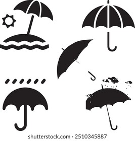 Vector set of black-and-white umbrella icons