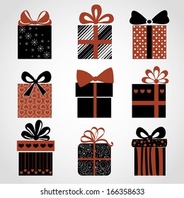 Vector set of black-and-white-red gifts