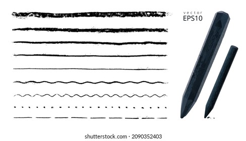 Vector set of blackl charcoal lines. Two realistic artists' charcoal sticks. Collection of different borders with a rough grungy edge