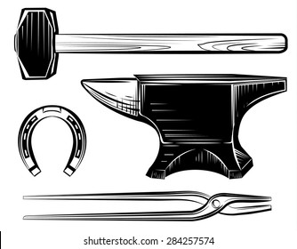Vector set of blacksmith craft anvil, hammer, pincers on white