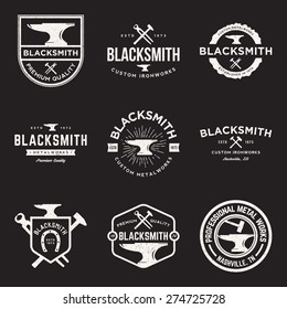 vector set of blacksmith vintage logos, emblems and design elements with grunge texture