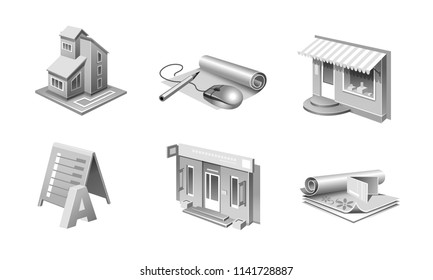 vector set of black-white images of architectural forms in grey design drawings