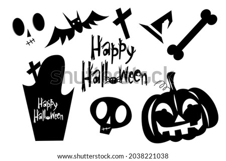 Vector set of blak and white halloween icons with bat, pumpkin, skeleton, witch hat and happy halloween text