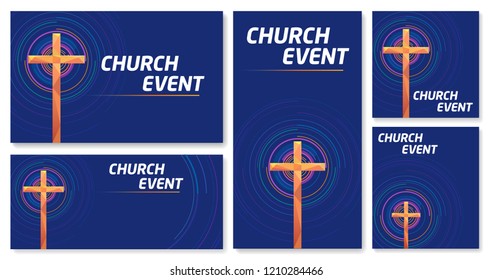 Vector set of blank banner Cross Church event Colorful abstract circles blue background