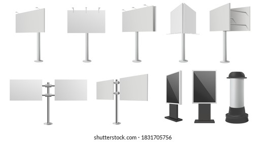 Vector set of blank billboard 3d models isolated on white background. Outdoor advertising billboard illustration. Mockup and template for street ad campaign. Advertising stand