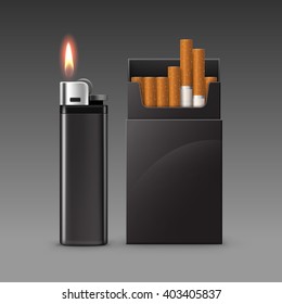 Vector Set of Blank Black Plastic Metal Lighter with Flame with  Pack of Cigarettes Close up Isolated on Dark Background