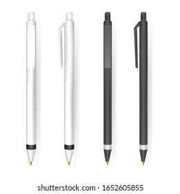Vector Set of Blank Black and White Pens.Template for advertising and corporate identity.Mock Up Template Ready For Your Design. Vector Isolated Illustration.