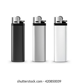 Vector Set of Blank Black White Plastic Metal Lighters Close up Isolated on White Background