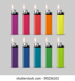 Vector Set of Blank Colored Plastic Lighters with Flame Close up Isolated on White Background