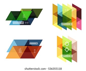 Conjunto vectorial de cuadros web de infografía geométrica en blanco creados con triángulos. Fondos para diseño de flujo de trabajo, diagrama, opciones de número o diseño web