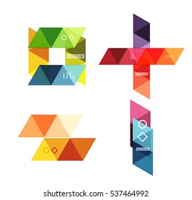 Conjunto vectorial de cuadros web de infografía geométrica en blanco creados con triángulos. Fondos para diseño de flujo de trabajo, diagrama, opciones de número o diseño web