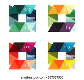 Conjunto vectorial de cuadros web de infografía geométrica en blanco creados con triángulos. Fondos para diseño de flujo de trabajo, diagrama, opciones de número o diseño web