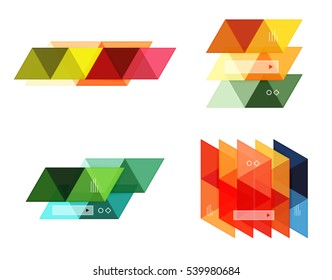 Conjunto vectorial de cuadros web de infografía geométrica en blanco creados con triángulos. Fondos para diseño de flujo de trabajo, diagrama, opciones de número o diseño web
