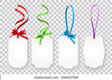 Vector set of blank gift cards or coupons with colorful strings with ribbons isolated on transparent background