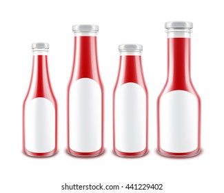Vector Set of Blank Glass Glossy Red Tomato Ketchup Bottles of different Shapes for Branding with White labels Isolated on White Background
