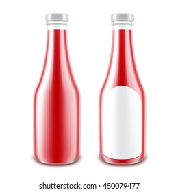 Vector Set of Blank Glass Glossy Red Tomato Ketchup Bottle for Branding without label Isolated on White Background
