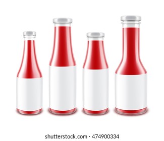 Vector Set of Blank Glass Glossy Red Tomato Ketchup Bottles of different Shapes for Branding with White labels Isolated on White Background