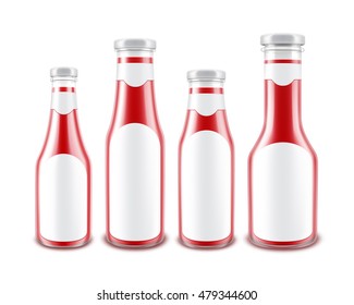 Vector Set of Blank Glass Glossy Red Tomato Ketchup Bottles of different Shapes for Branding with White labels Isolated on White Background