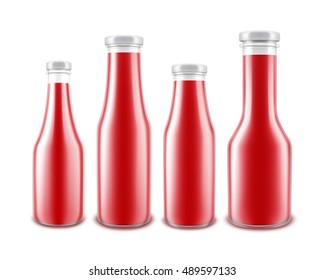 Vector Set of Blank Glass Glossy Red Tomato Ketchup Bottle of different Shapes for Branding without label Isolated on White Background