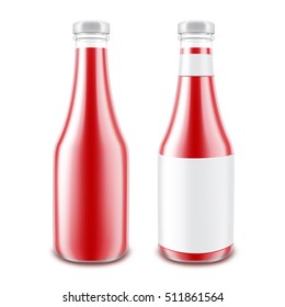Vector Set of Blank Glass Glossy Red Tomato Ketchup Bottle for Branding without with White Label Isolated on White Background