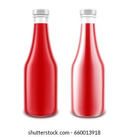 Vector Set of Blank Glass Glossy Red Tomato Ketchup Bottle for Branding without label Isolated on White Background