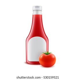 Vector Set of Blank Glass Plastic Red Tomato Ketchup Bottle for Branding with White label and Fresh Tomato Isolated on White Background