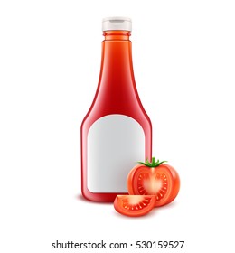 Vector Set of Blank Glass Plastic Red Tomato Ketchup Bottle for Branding with White label and Fresh Cut Tomatoes Isolated on White Background