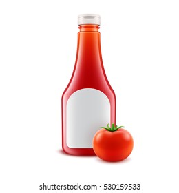 Vector Set of Blank Glass Plastic Red Tomato Ketchup Bottle for Branding with White label and Fresh Tomato Isolated on White Background