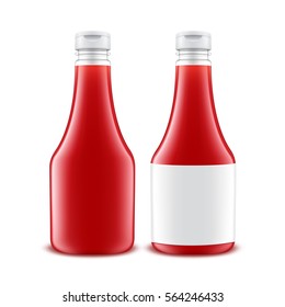 Vector Set of Blank Glass Plastic Red Tomato Ketchup Bottle for Branding with White label Isolated on White Background