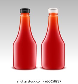 Vector Set of Blank Glass Plastic Red Tomato Ketchup Bottle for Branding without label Isolated on White Background