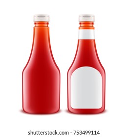 Vector Set of Blank Glass Plastic Red Tomato Ketchup Bottle for Branding with White label Isolated on White Background