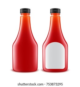 Vector Set of Blank Glass Plastic Red Tomato Ketchup Bottle for Branding with White label Isolated on White Background