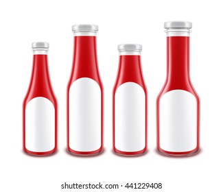 Vector Set of Blank Glass Red Tomato Ketchup Bottles of different Shapes for Branding with White labels Isolated on White Background