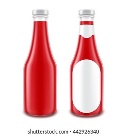 Vector Set of Blank Glass Red Tomato Ketchup Bottle for Branding without with Round Label Isolated on White Background