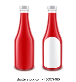Vector Set of Blank Glass Red Tomato Ketchup Bottle for Branding without with Round Label Isolated on White Background