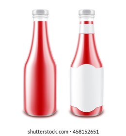 Vector Set of Blank Glass Red Tomato Ketchup Bottle for Branding without with Label Isolated on White Background
