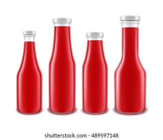 Vector Set of Blank Glass Red Tomato Ketchup Bottle of different Shapes for Branding without label Isolated on White Background