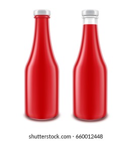 Vector Set of Blank Glass Red Tomato Ketchup Bottle for Branding without label Isolated on White Background