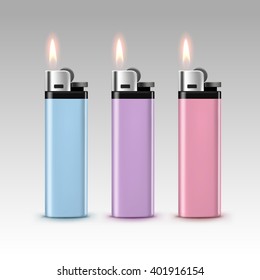 Vector Set of Blank Light Colored Blue Purple Pink Plastic Lighters with Flame Close up Isolated on White Background