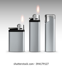 Vector Set of Blank Metal Lighters with Flame Close up Isolated on White Background