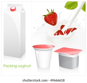 Vector set of blank milk and yoghurt packs. Red ripe  strawberry falling into the milky splash.