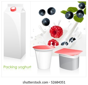 Vector set of blank milk and yoghurt packs. Forest berries falling into the milky splash.