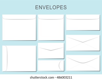Vector set of blank paper envelopes for mock up. Element for design. Vector stationery, envelopes template. Simple flat style. White closed envelope
