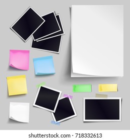 Vector set of blank paper objects. Empty white sheet of A4 format, photo frames, color sticky notes. Realistic empty paper templates with soft shadows isolated on gray background